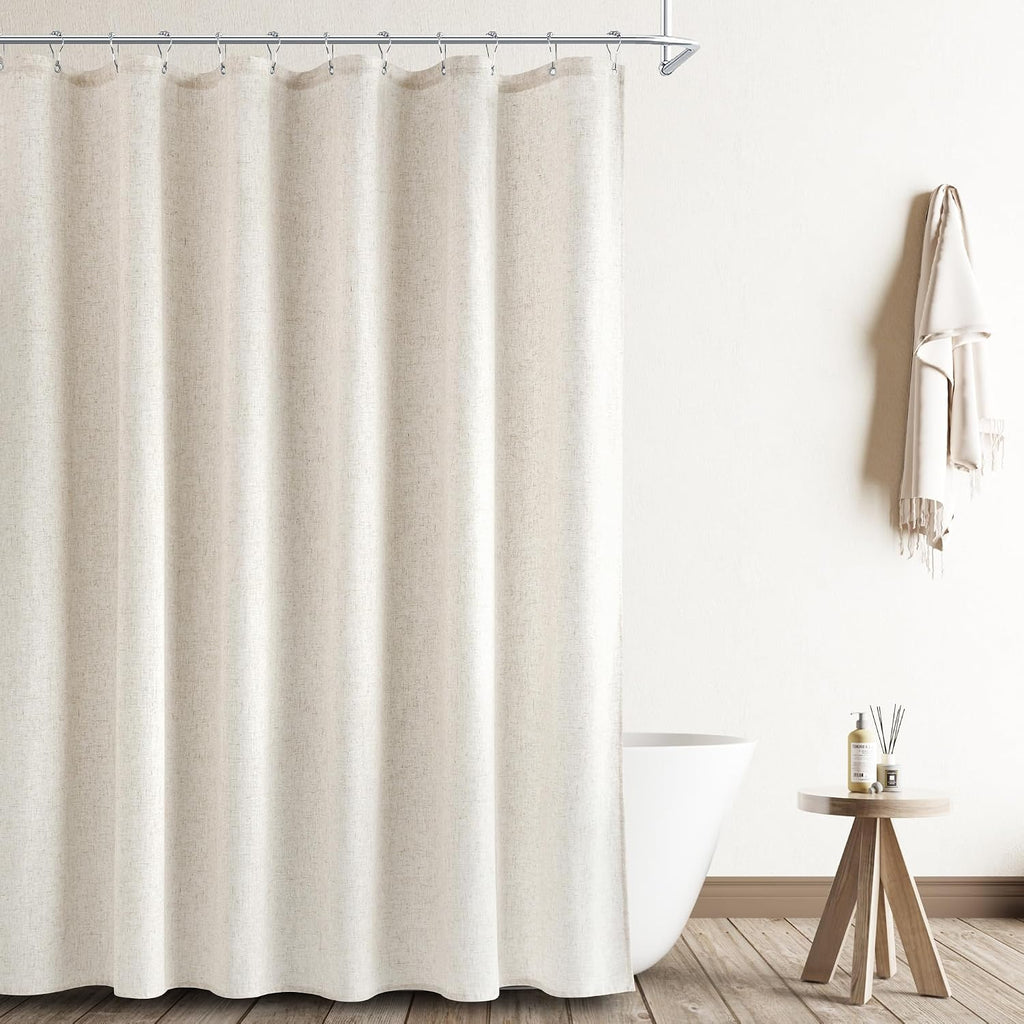Extra Long Linen Shower Curtain 84 Inch Long Weighted Thick Fabric Bath Shower Curtain Set with Hooks, XLong Tall