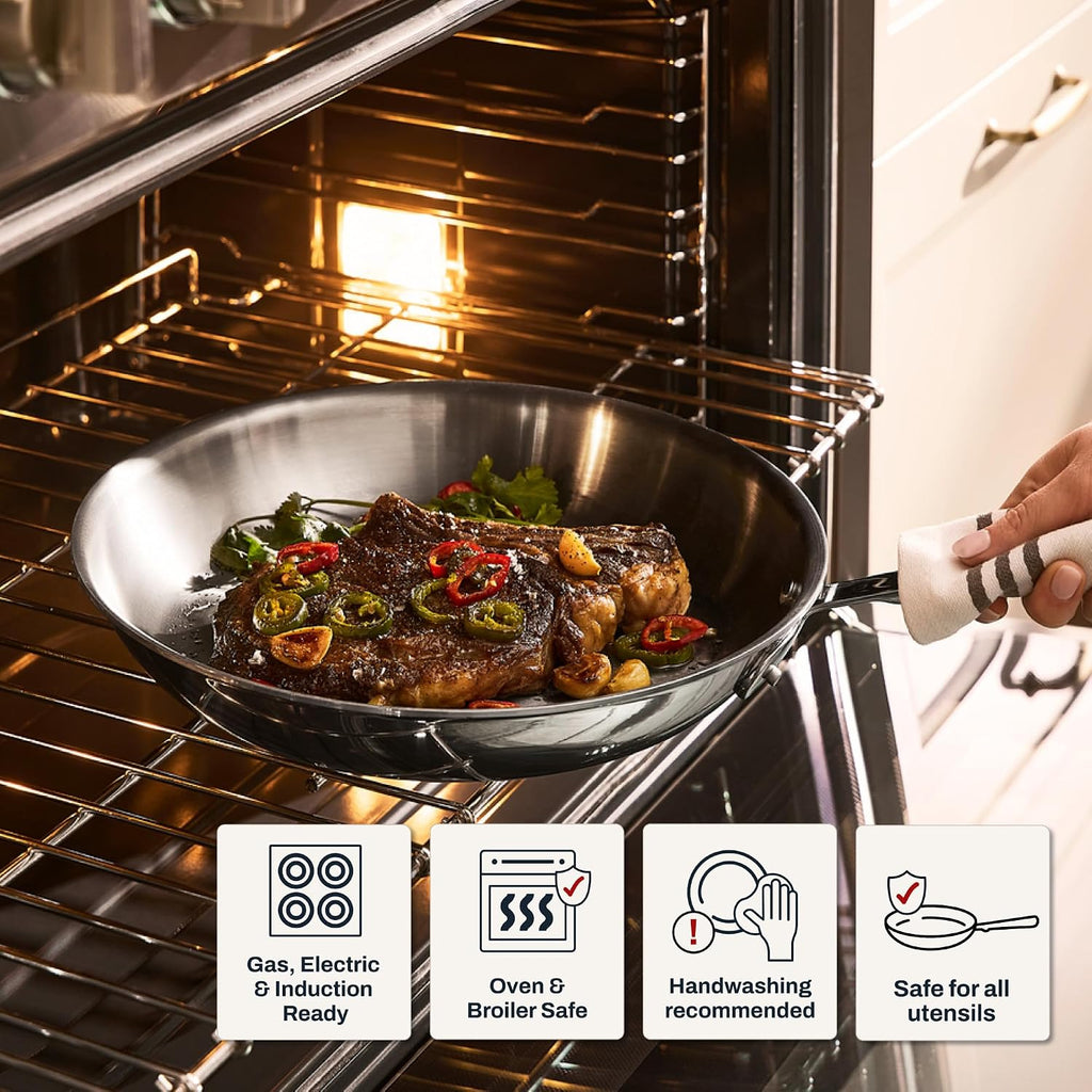 D3 Stainless Steel 5 Piece Frypan Set- USA- Includes 8", 10" and 12" Frying Pans With Lid - Professional Grade -Oven