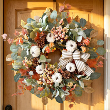 24 Inch Farmhouse Fall Wreath for Front Door with White Pumpkin