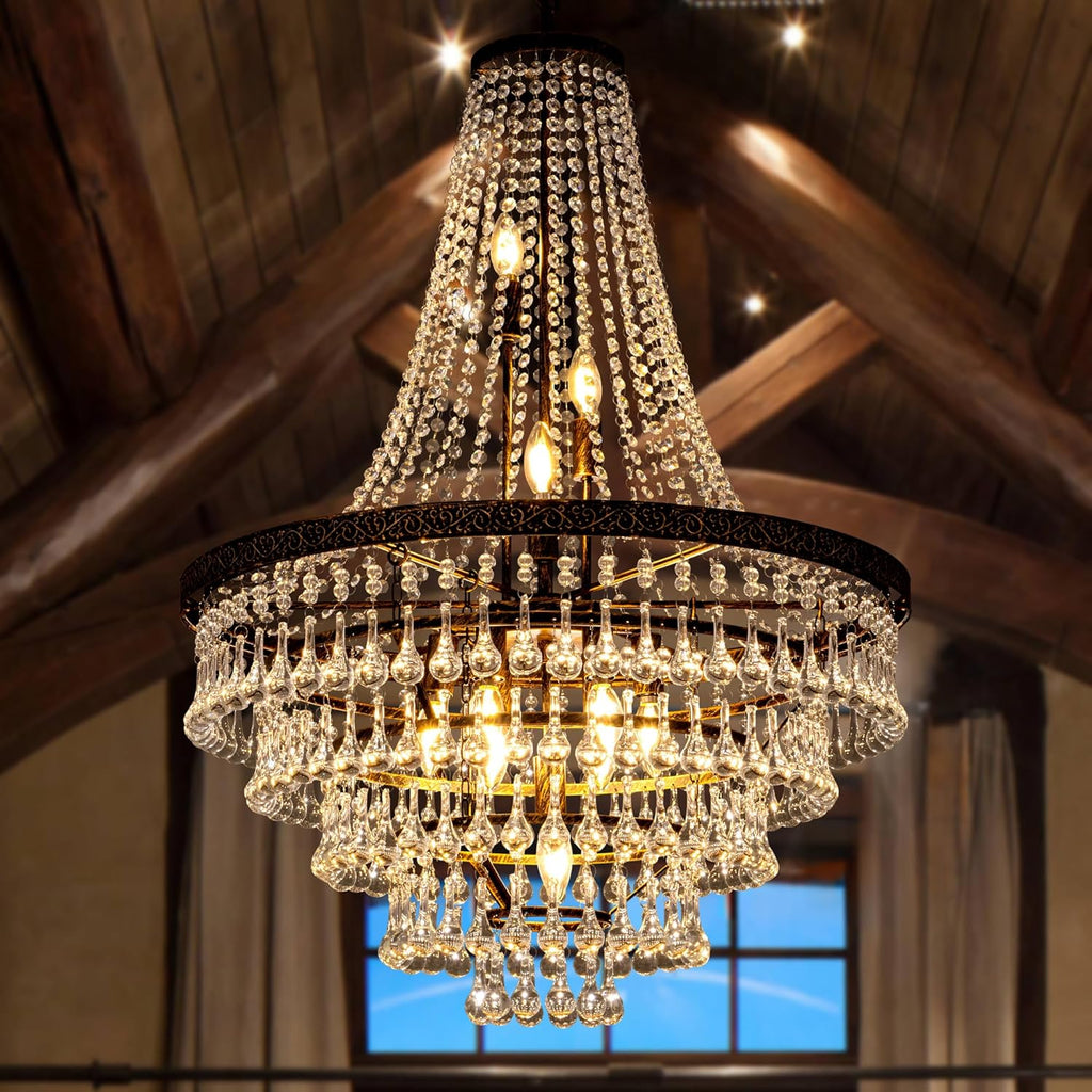 French Empire Crystal Chandeliers, Antique Bronze Chandeliers 10 Lights, Rustic Farmhouse Chandelier High Ceiling Light Fixture for Entryway, Foyer, Dining Room, Staircase, 28" W A108-B0D4V39H92