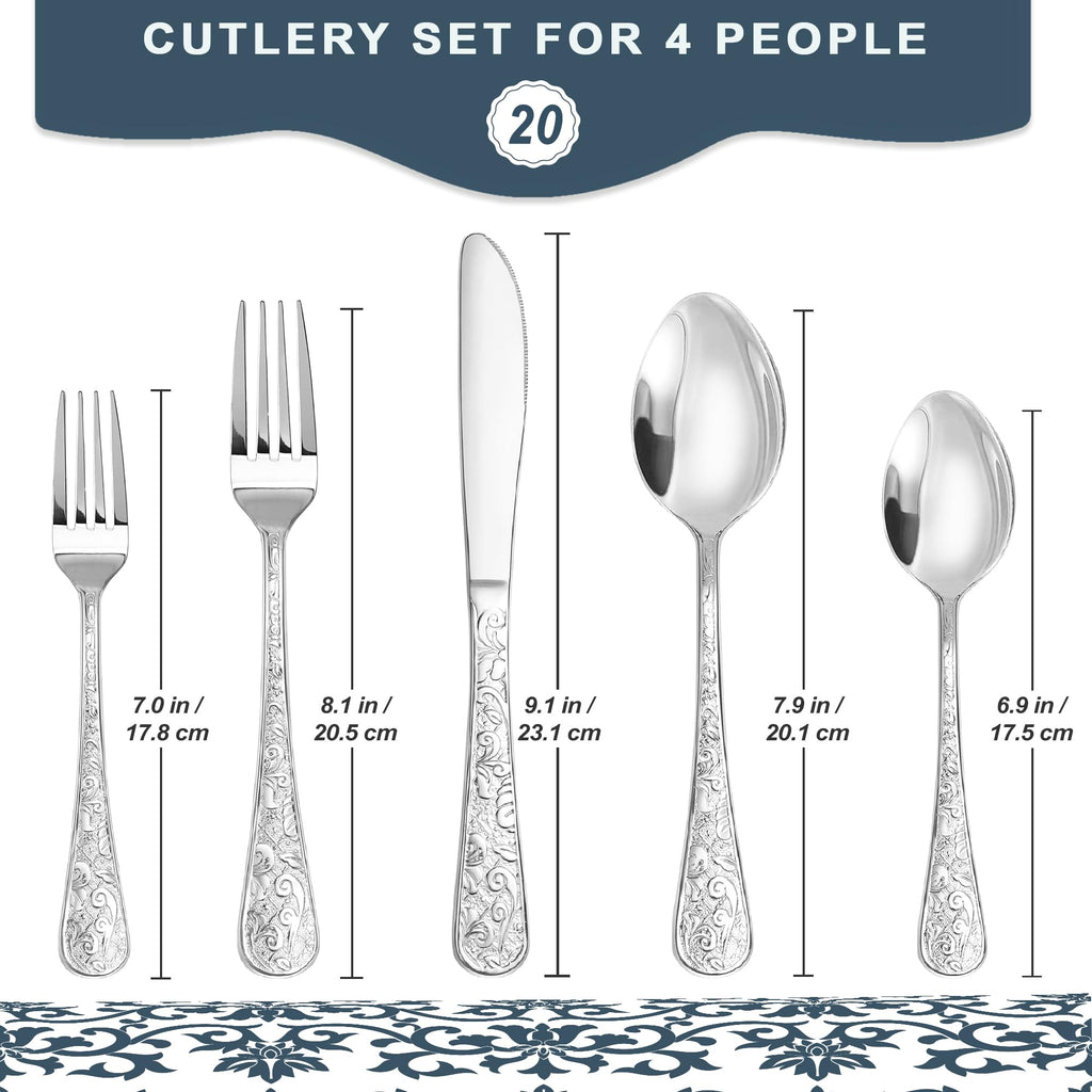 Vintage Carved Silver Stainless Steel 20-Piece Flatware Set