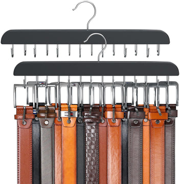 Belt Hanger for Closet, Sturdy Wood Belt Rack Closet Accessories with 14 Hooks Belt Organizer for Closet Organizers