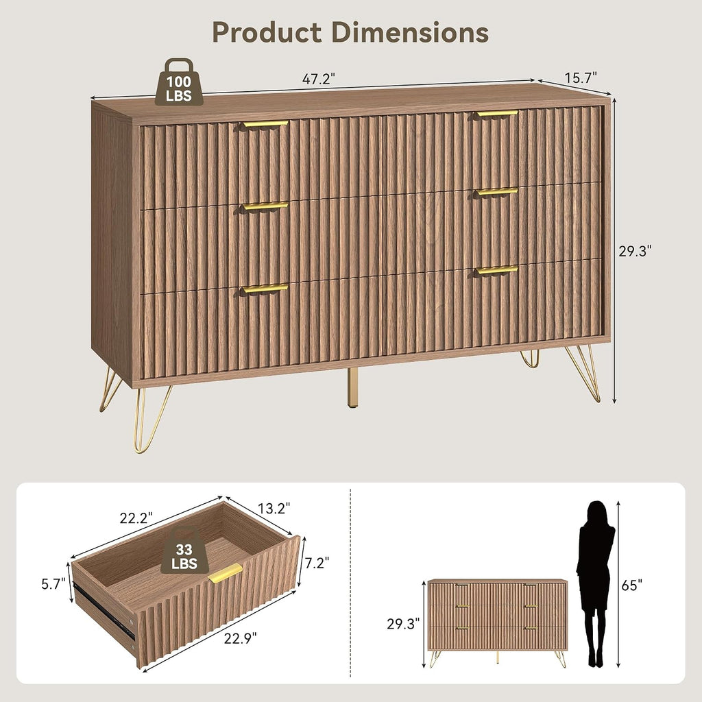 Fluted 6 Drawers Dresser , Wood Dressers with Scratch-Proof Golden Handles, Natural Curved Profile, Modern Double