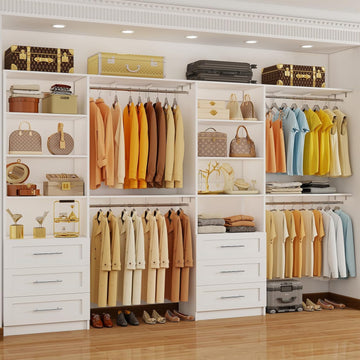 Closet System with 6 Drawers, 6-12.3FT Closet Organizer System Wood with 8 Shelves & 6 Expandable Hanging Rods