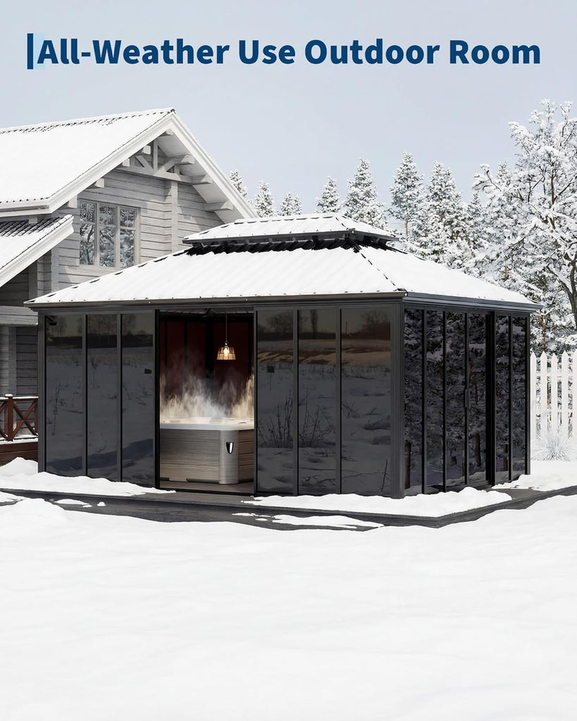 12x20 ft Sunroom Hardtop Gazebo, Enclosed Gazebo with Floor-to-Ceiling Sliding Doors