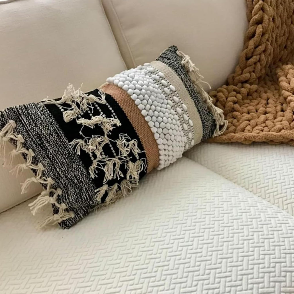 Decorative Boho-Chic Premium Pillow Cover 12x20 Handwoven Tufted Cotton Lumbar Accent Pillows, Neutral Earthly Color