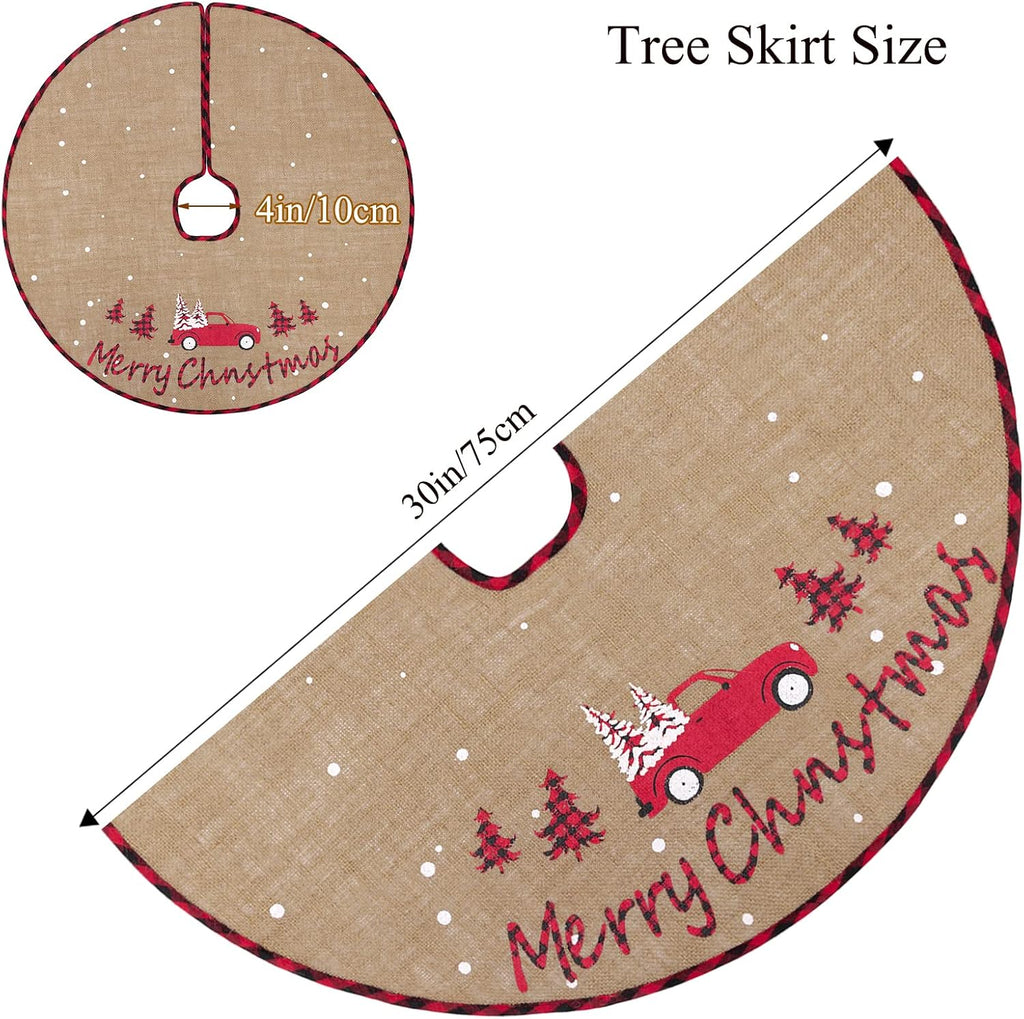 Christmas Tree Skirt, 30 Inch Rustic Burlap Tree Skirt with Red Truck and Letter Printed Christmas Tree Mat for Xmas