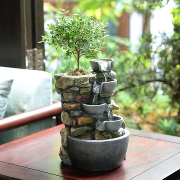 Indoor Fountain 4-Bowl Rockery Soothing Sound Tabletop Fountains Decor Gift for Mom,Mother Day Present with A Small