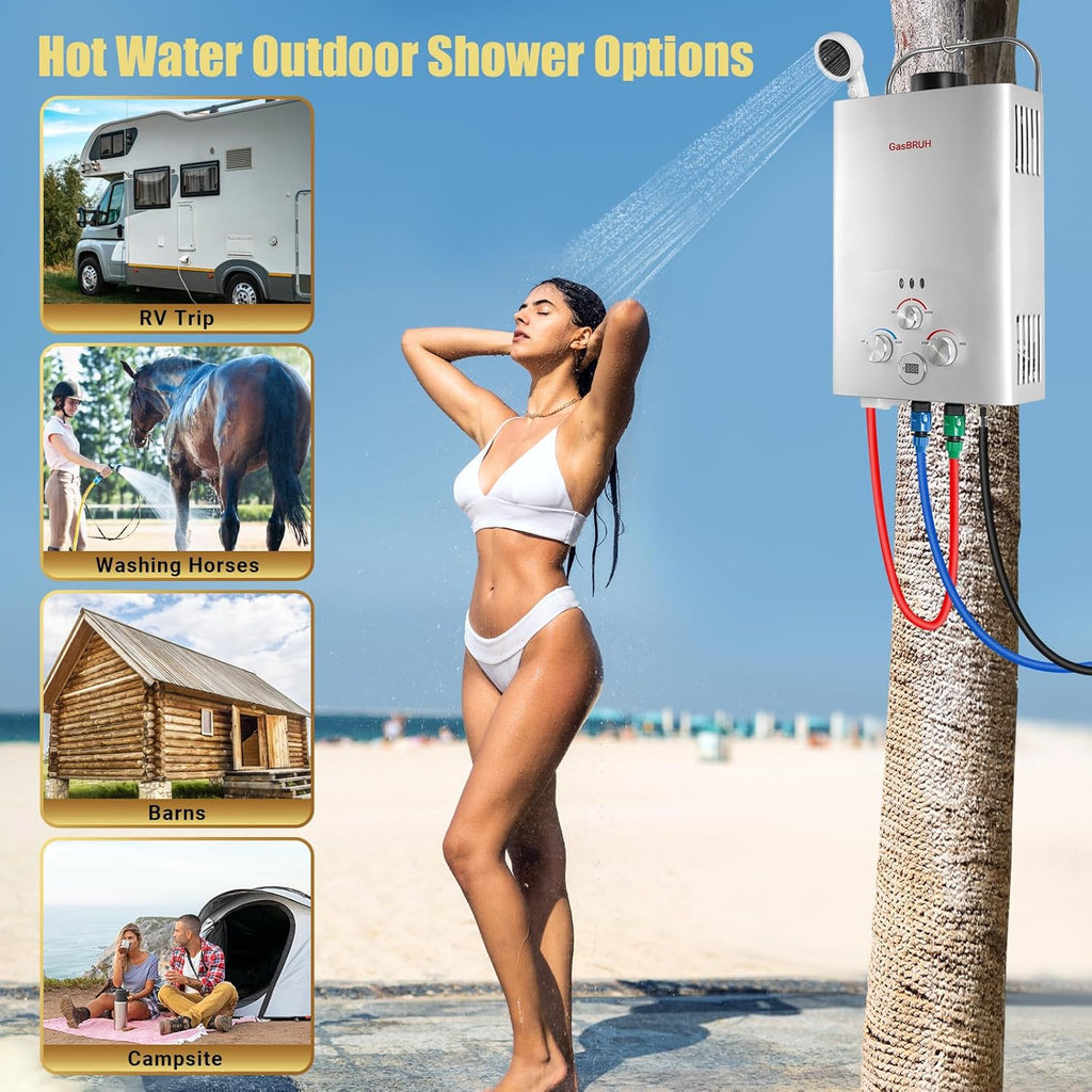 Tankless Water Heater Outdoor, 1.58 GPM, 6L Portable Propane Camping Water Heater with Overheating Protection for