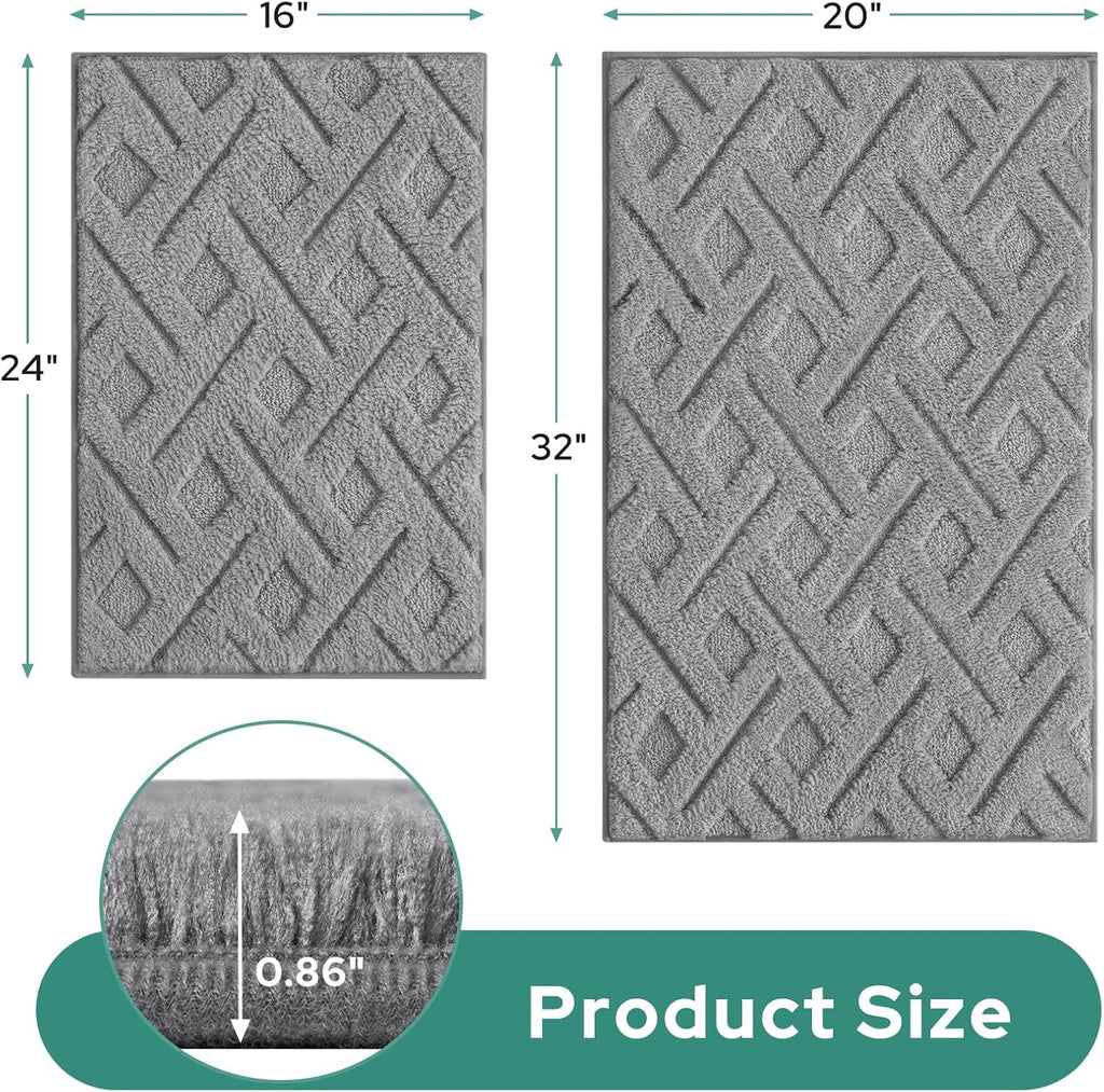Grey Bathroom Rug Set 2 Piece, 20"x32"+16"x24" | Soft Microfiber Tufted Bath Mats, Super Absorbent, Non Slip, Machine