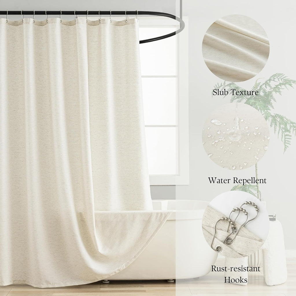 Natural Linen Shower Curtain, Farmhouse Bath Decor Slub Texture Neutral Elegant Long Shower Curtain with Hooks, 72" x