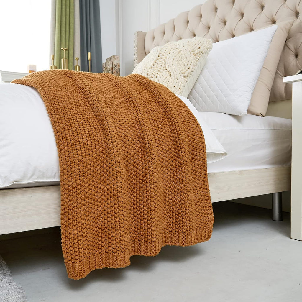 Chunky Cable Knit Throw Blanket Lightweight Burnt Orange 100% Organic Cotton Blanket, Rustic Shabby Chic Modern