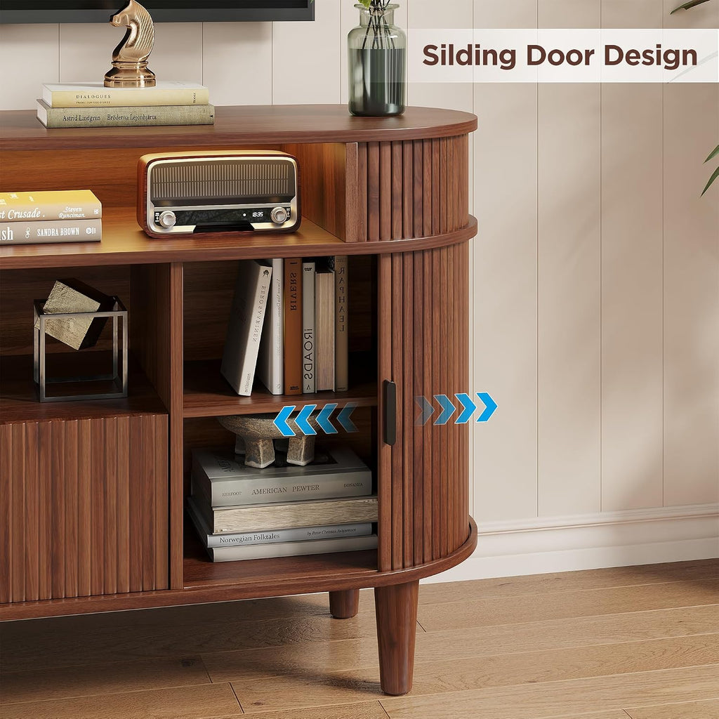 59" Fluted TV Stand with Sliding Doors, Mid Century Modern TV Stands for Tvs up to 65", Entertainment Center with Storage and Adjustable Shelves, Wood Media TV Consoles for Living Room (Walnut)