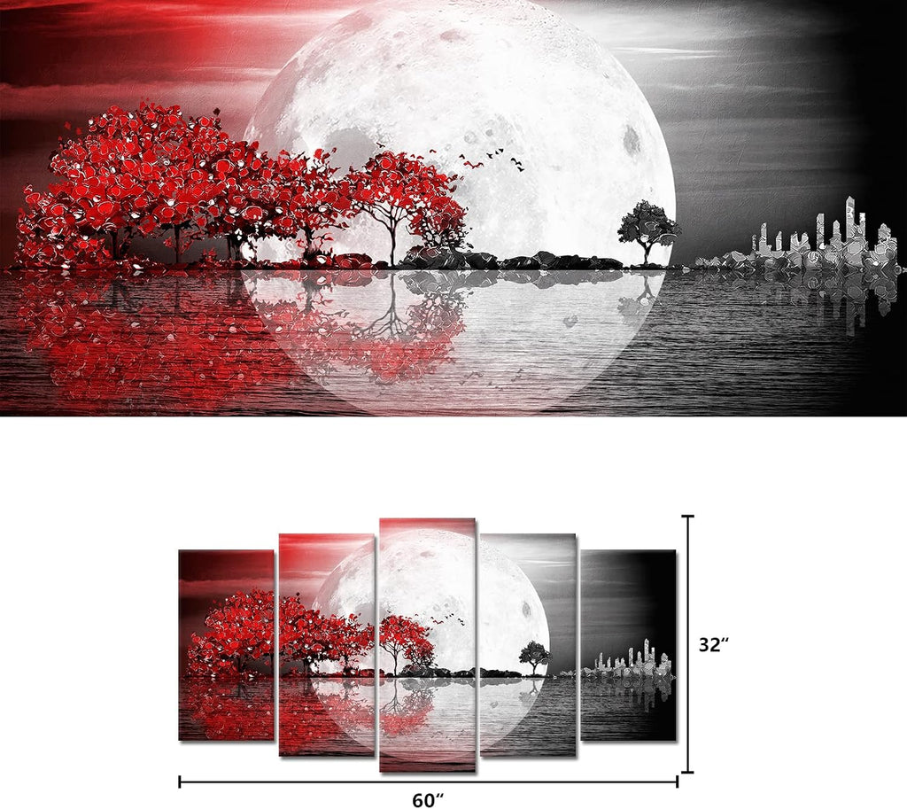 Large 5 Pieces Abstract Landscape Canvas Wall Art Black and White Full Moon Seascape Red Trees Painting Pritned on