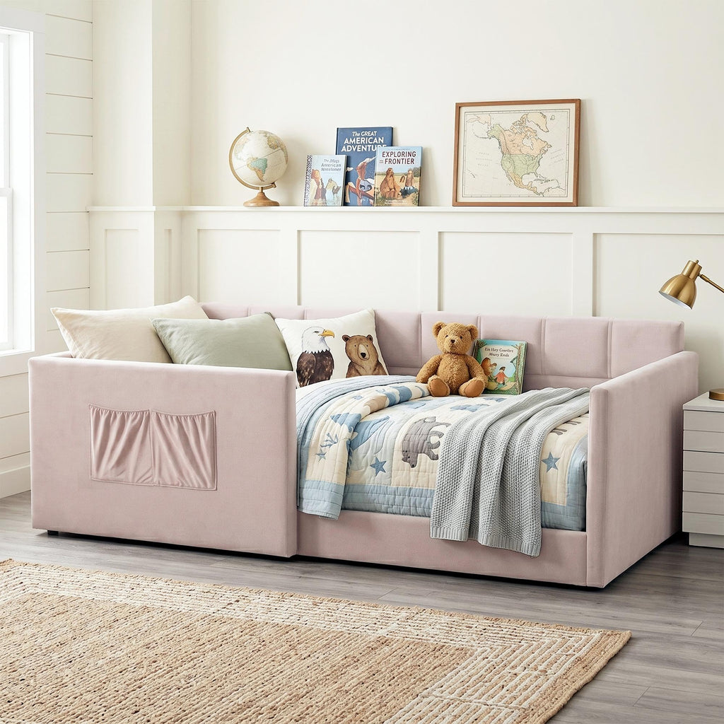 Twin Daybed Velvet Upholstered Sofa Bed with High Guardrail and Side Entrance, Space-Saving Twin Floor Day Bed with