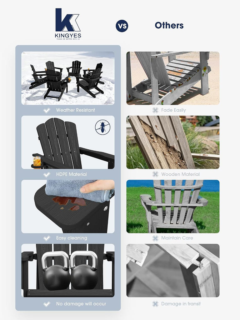 Folding Adirondack Chair, All-Weather HDPE Material, Black, 2 Pack | Wooden Textured Lawn Chair Patio Chairs for