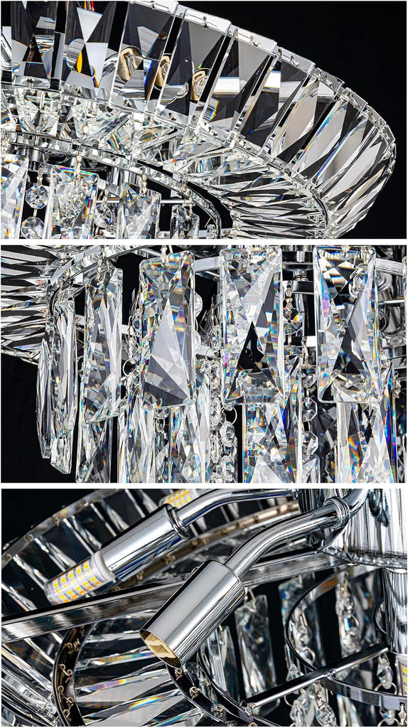 20" Modern Crystal Flush Mount Ceiling Light, 12-Light Tiered Chandelier with Chrome Frame & Rectangular Prism
