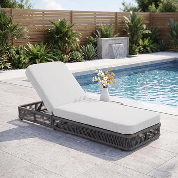 Outdoor Chaise Lounge Chair, 5-Position Adjustable Backrest, All-Weather Grey Woven Rope Recliner with 5 Inch Beige