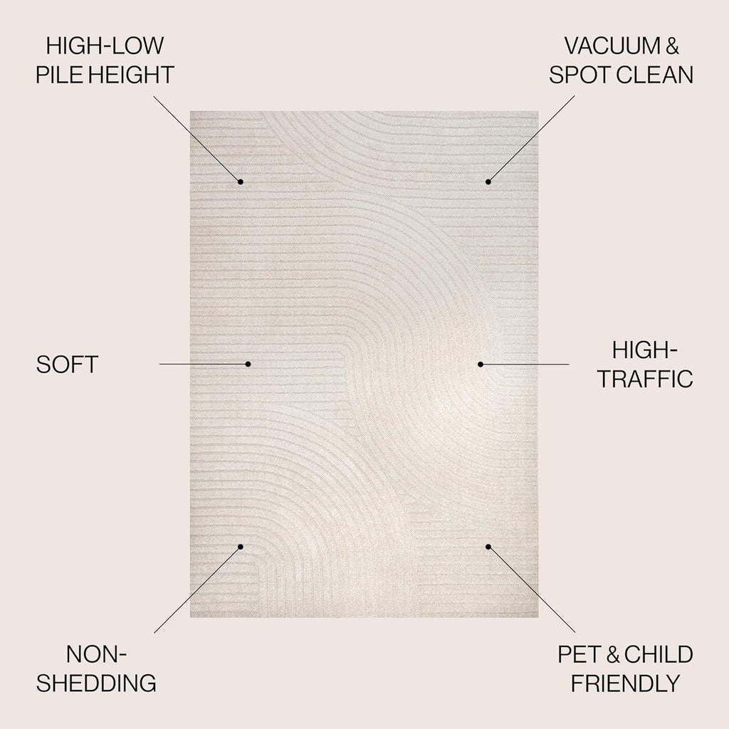 Y Hallie High-Low Curve Ivory/Cream Indoor/Outdoor Area Rug, 8x10, Minimalist, Japandi, Pet Friendly