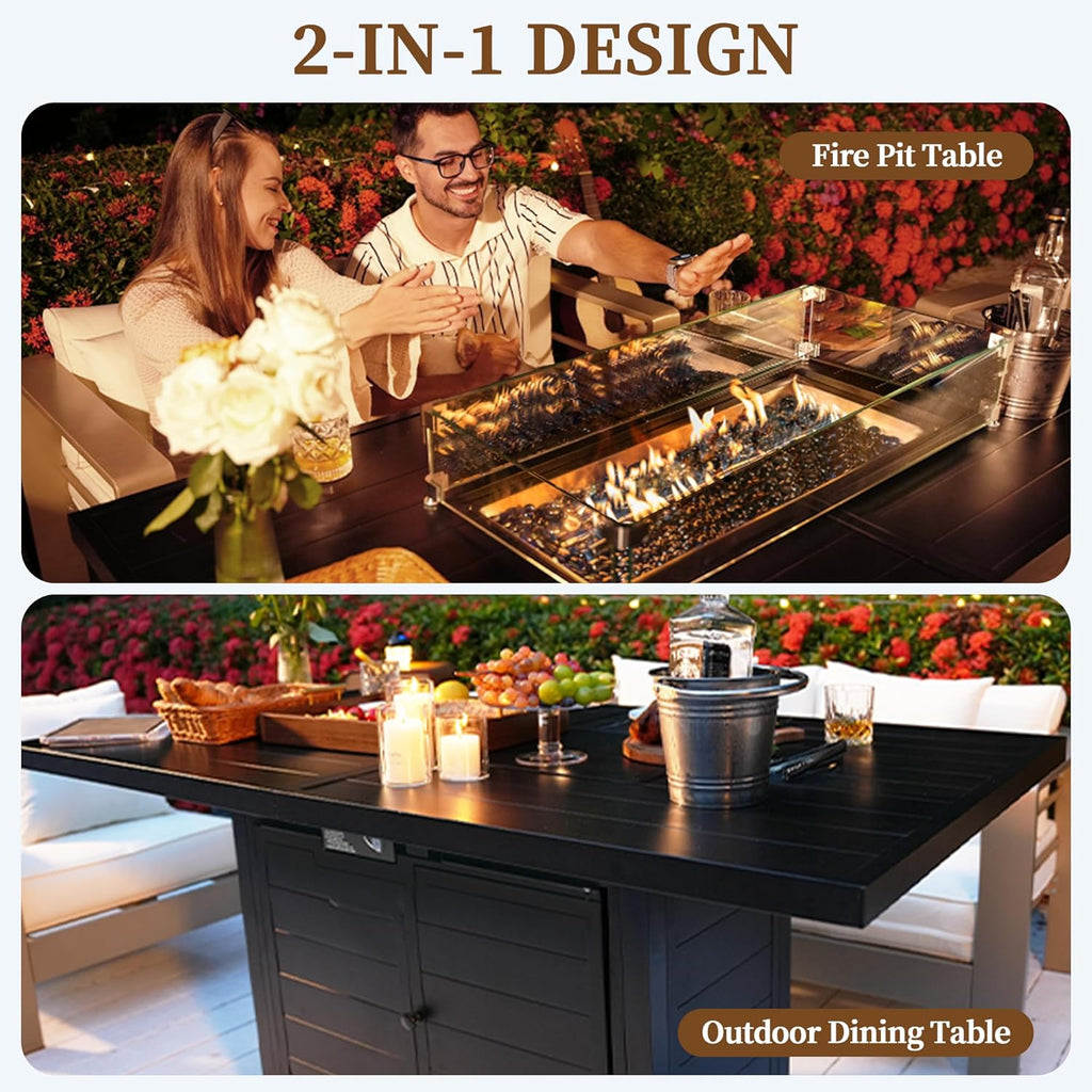 60 Inch Propane Firepit Table - Outdoor Rectangular Aluminum Fire Table w/Wind Guard - 50,000 BTU Gas Fire Pit with Glass Beads and Waterproof Cover - Image 4