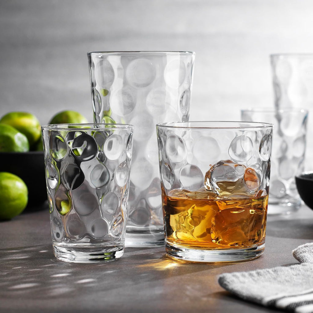 Glassware Set 18 Piece Mixed Drinkware Set. 6 Highball Tumblers-17 oz., 6 Rock Whiskey-13 oz., and 6 Juice-7 oz. All