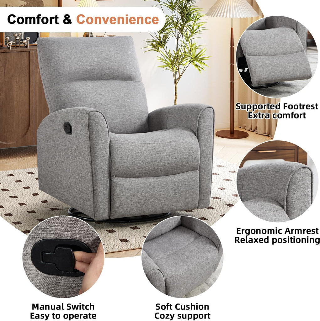 Recliner Rocker Swivel Chair, Manual Chenille Glider Rocking Chair, Swivel Glider Recliners with Soft Backrest, 360°