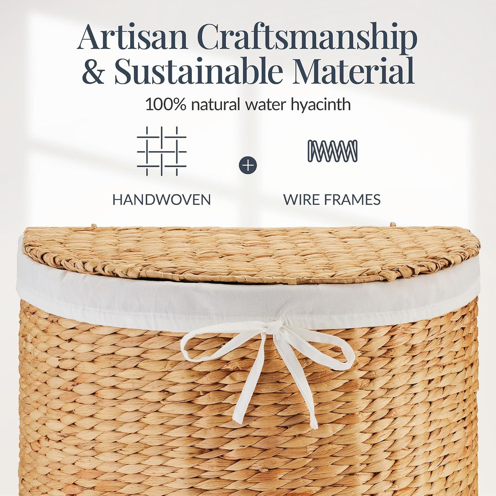 Half Moon Laundry Hamper w/Lid, Woven Half Round Laundry Basket, w/Removable Liner & Bult-in Handles & Laundry Room