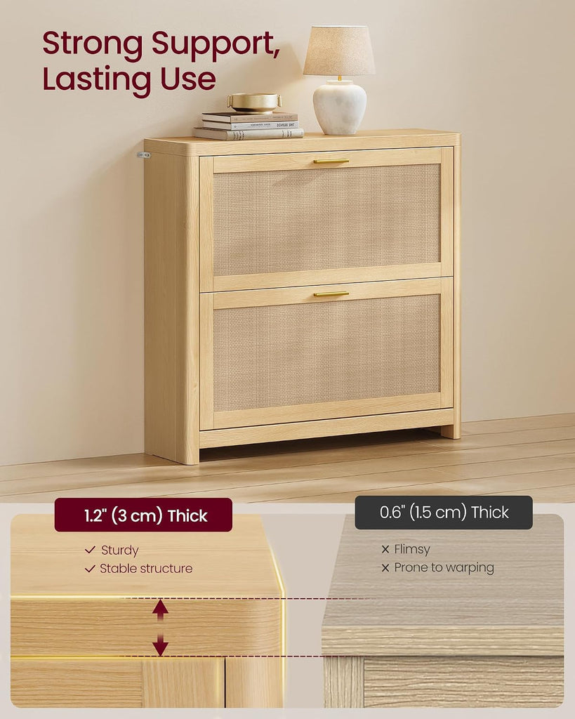 Boho Shoe Storage Cabinet Slim, Entry Shoe Cabinet with Rattan-Look Flip Drawers, Rounded Corners