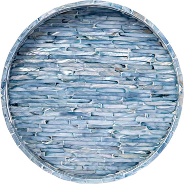 12.6" Mother of Pearls Lacquer Inlaid Round Serving Tray with Handles, Round Decorative Nacred Wooden Ottoman Coffee
