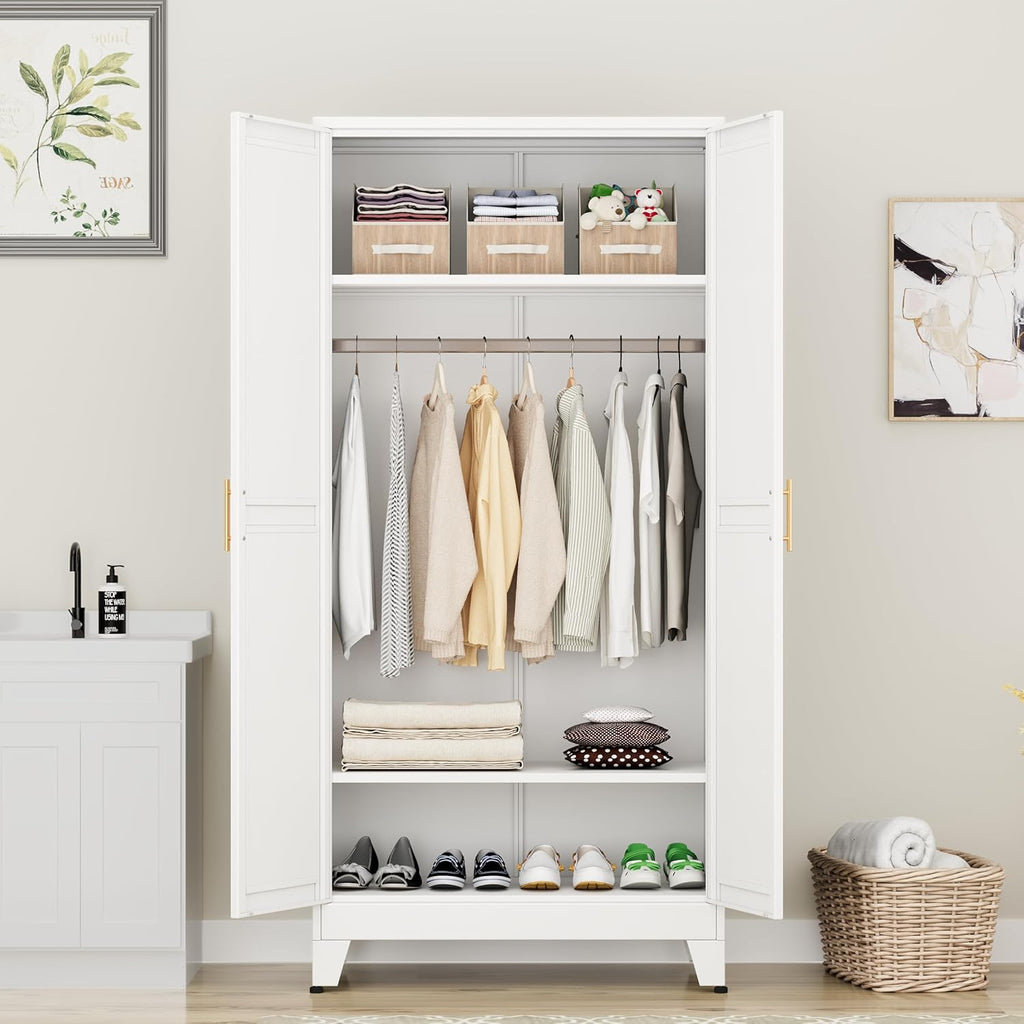 Metal Armoire Wardrobe Closet Storage Cabinet with Hanging Rod,71'' Metal Wardrobe Cabinet with 2 Doors and 2