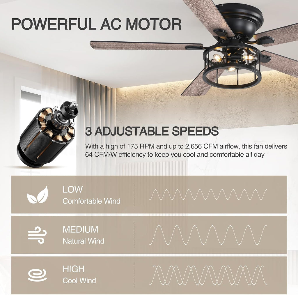 52 Inch Flush Mount Farmhouse Rustic Ceiling Fan with Light and Remote, Reversible AC Motor, 5 Dual Finish Blades