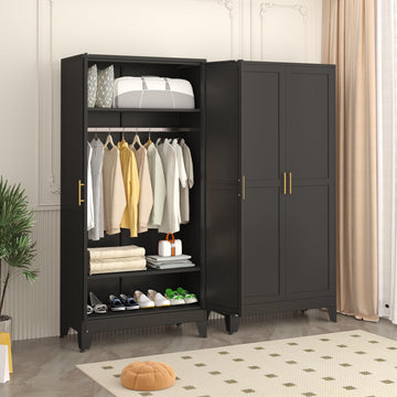 71" Black Metal Armoire Wardrobe Closet, Tall Clothing Storage Cabinet