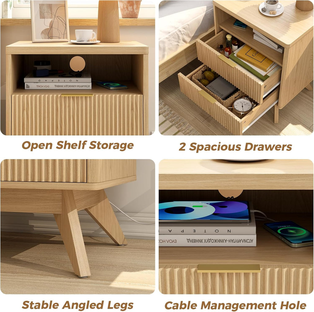 Fluted Nightstands Set of 2 with 2 Drawers, Natural Oak Bedside Table with Open Shelf, Modern End Table Set, Wood