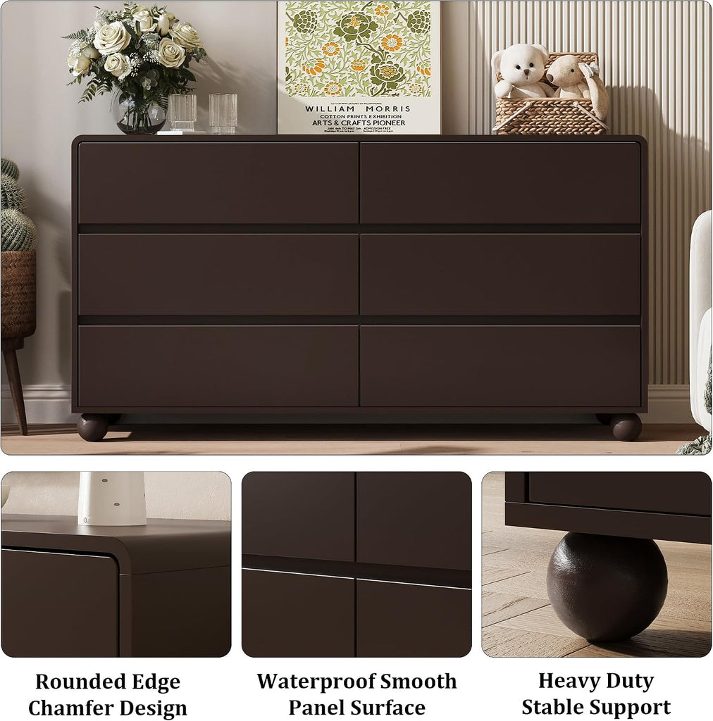 Mid-Century Modern 6 Drawer Dresser , 55" Wide Dressers Chest of Drawers, Handle Free & Curved Profile Design, Wood