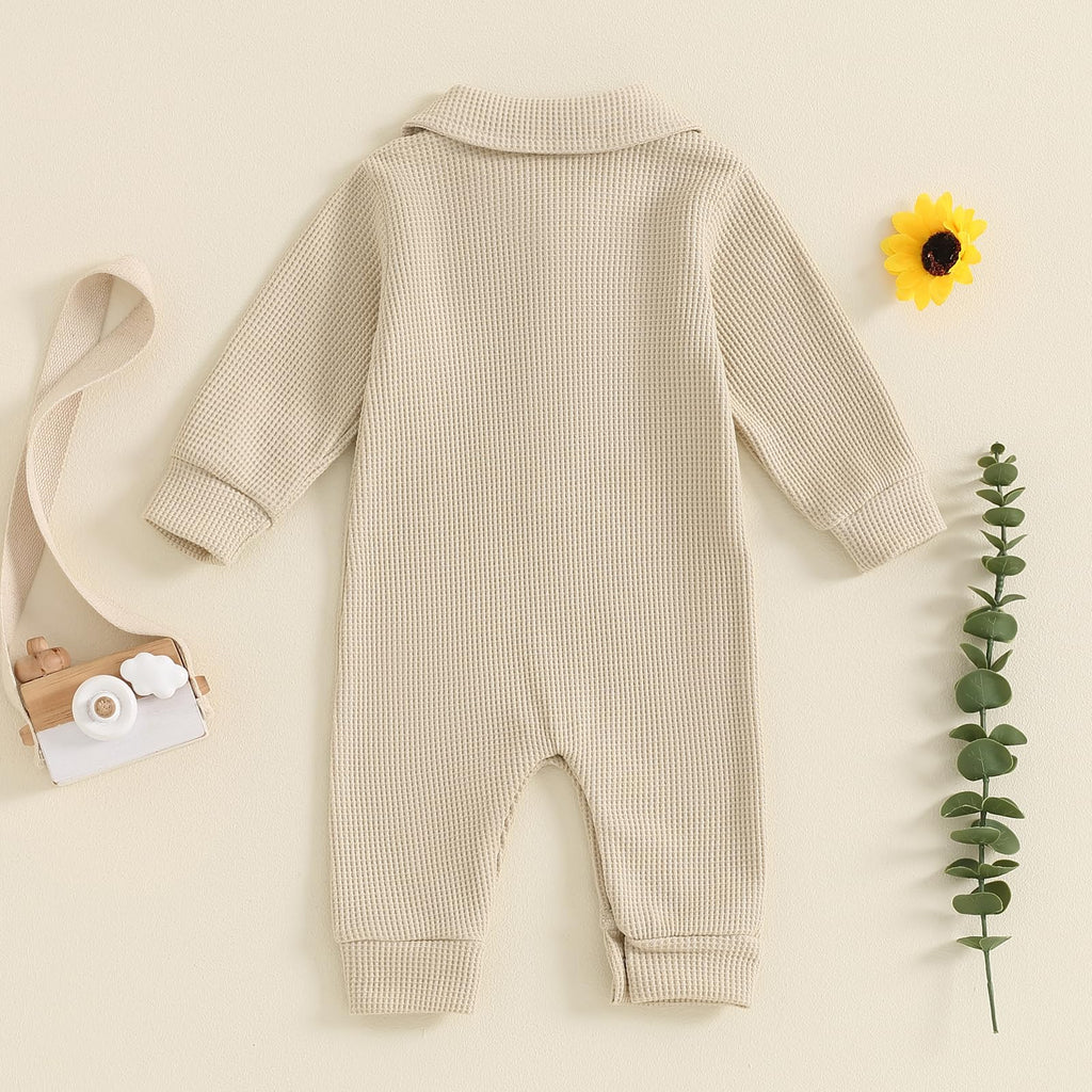 Newborn Baby Boy Waffle Knit Collared Romper Jumpsuit Solid Button Long Sleeve Bodysuit One-Piece Fall Winter Outfit