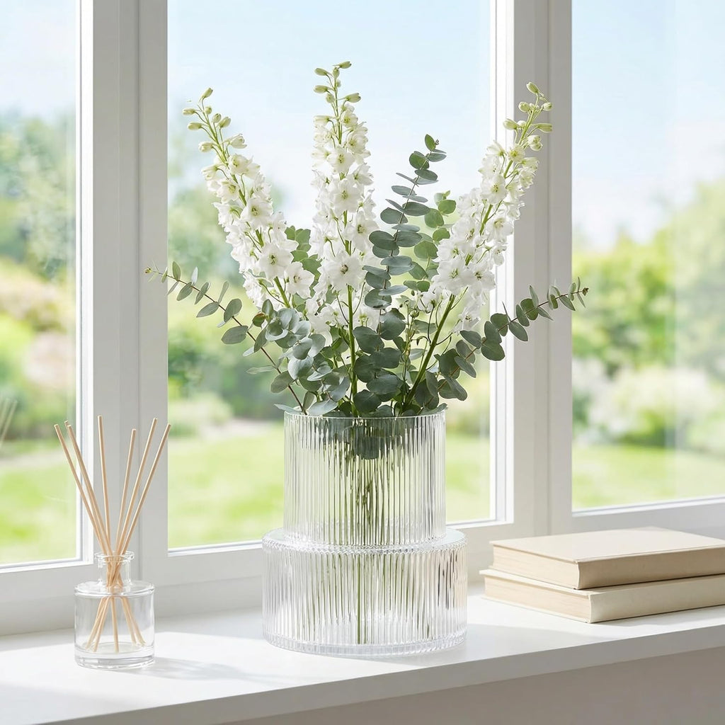 Ribbed Glass Vase, Flower Vase, Fluted Clear Vases