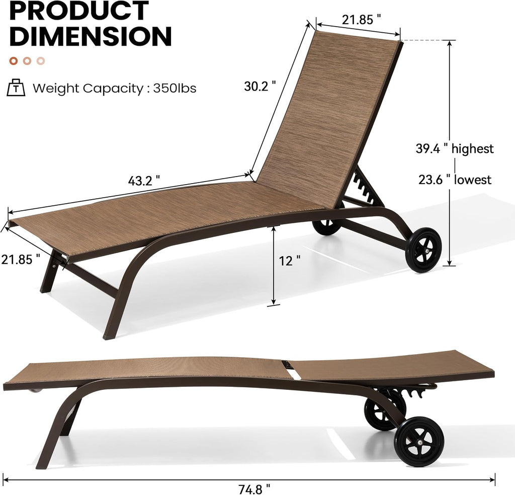 Pool Lounge Chairs with Wheels, Chaise Lounge Chairs Set of 2 (Brown) | 5-Position Adjustable Backrest, All Weather