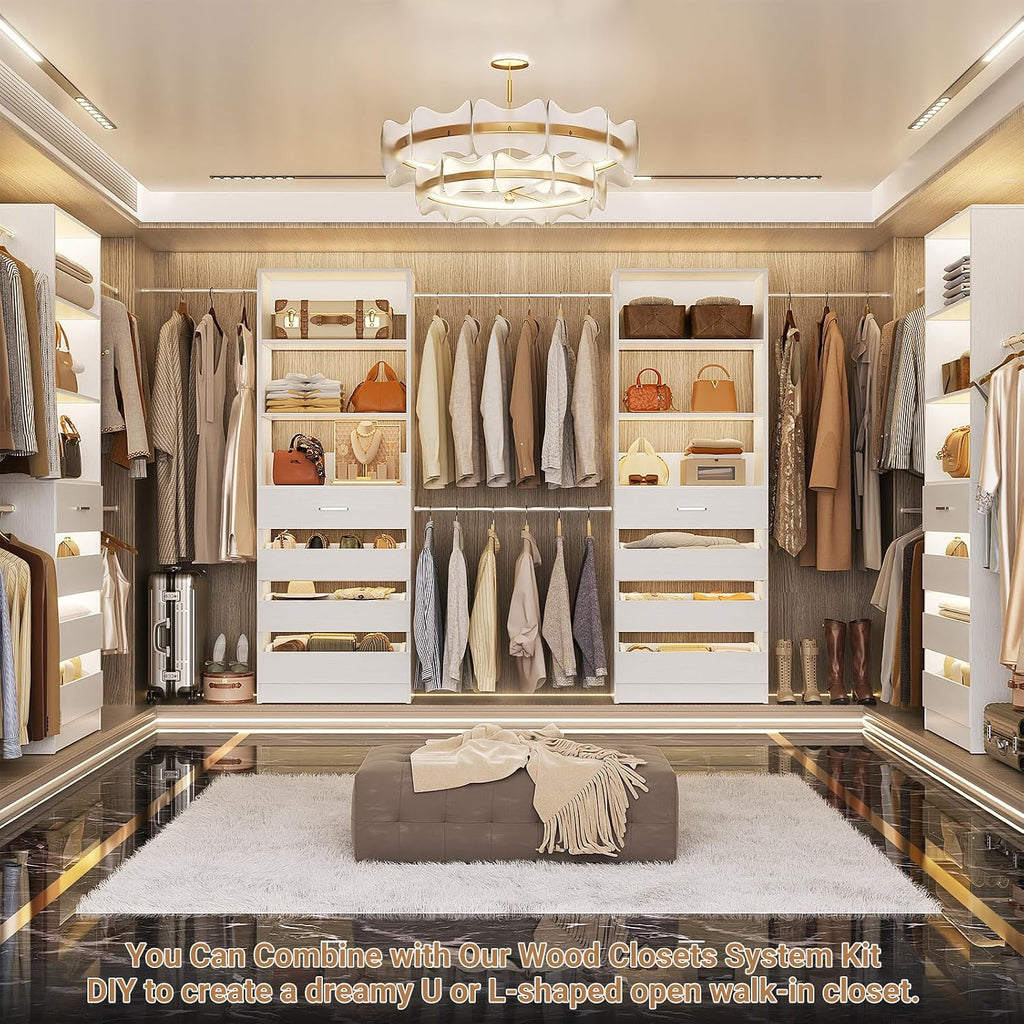 Closet System, 6-15Ft Closet Organizer with 8 Wooden Drawers, Wood Closet Organizer System with Tower, Walk-in Closet