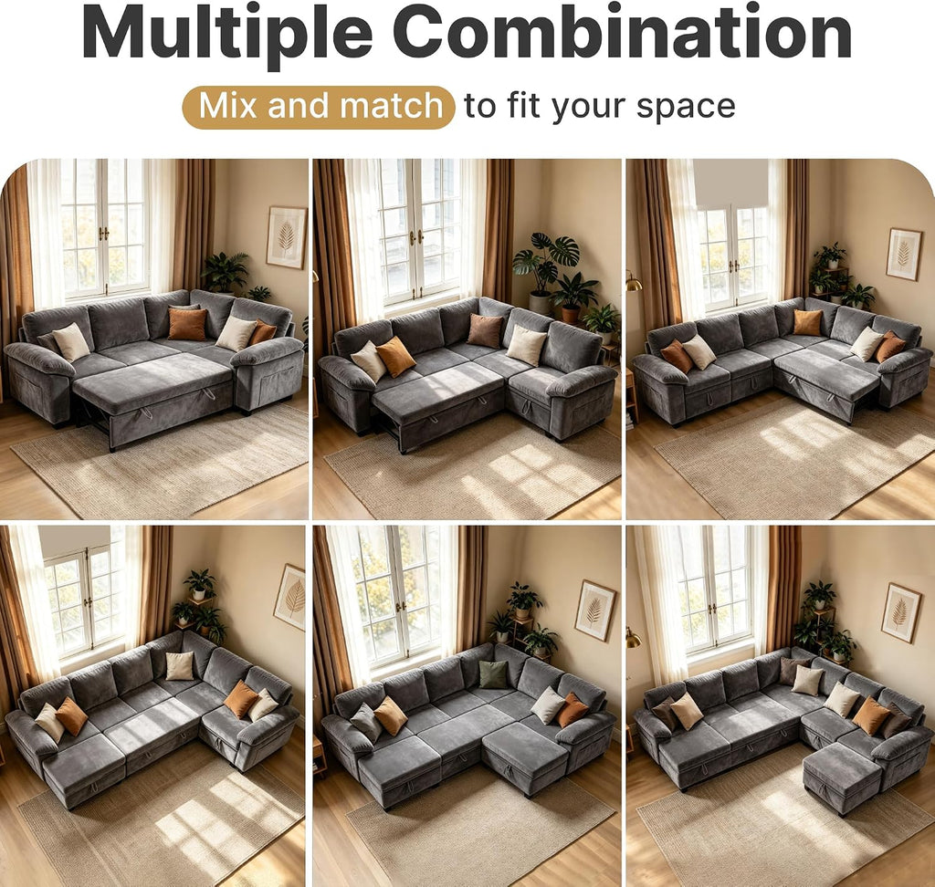 109" Modular Sectional Sleeper Couch,U Shaped 7 Seat Sofa Bed with Pull Out Bed, Cloud Couch with Pillow Armrest &