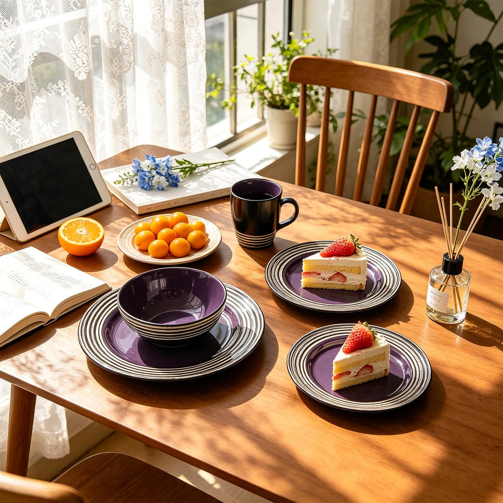 16 Piece Dinnerware Set, Ceramic Plates and Bowls Sets for 4, Microwave and Dishwasher Safe, Handcrafted Tree Bark