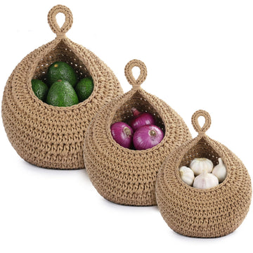 Hanging Storage Baskets Boho Decor Set of 3, Handmade Cotton Rope Wall-Mounted Fruit & Vegetable Baskets, Decorative