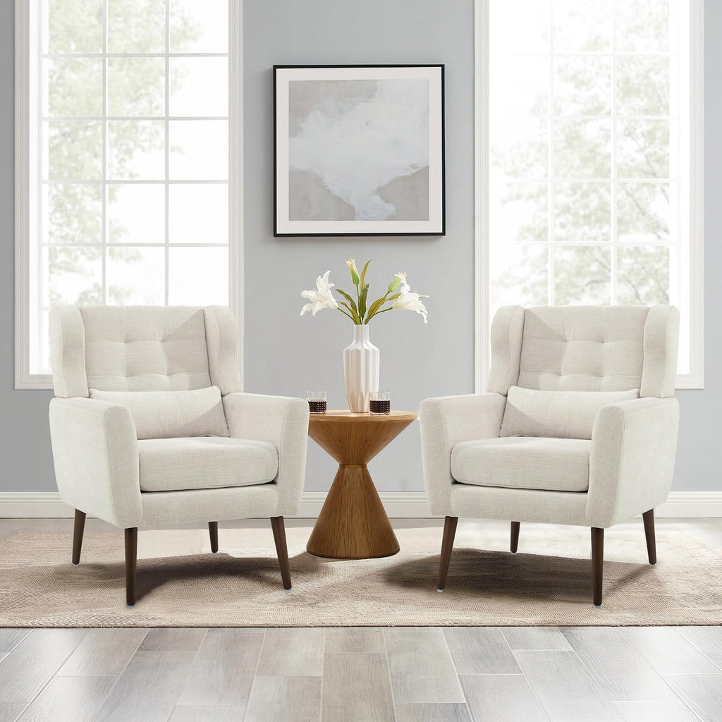 Modern Accent Chair Chenille Fabric Upholstered Tufted Side Wingback Chair,Mid Century Reading Armchair with Waist