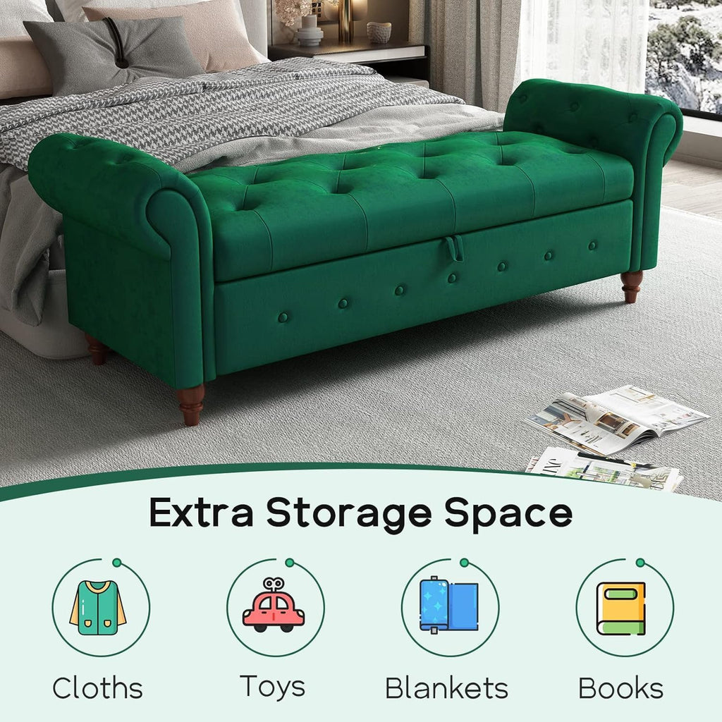 63'' Storage Ottoman Bench Tufted Entryway Bench Dark Green Velvet | Button Tufted End of Bed, Rolled Armed Ottoman