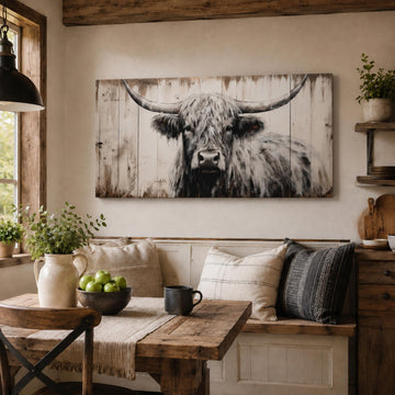 Large Highland Cow Canvas Wall Art, Black and White Cow Picture, 24x48 Inch