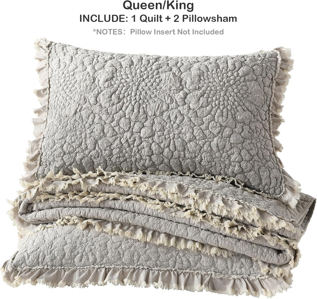 Beige Ruffled Quilt, Stone-Washed Microfiber Lightweight Crinkled Farmhouse Rustic Shabby Chic Bedding Set, 3