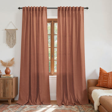 Terracotta Boho Curtains, Sheer Rust Colored Linen Vintage Rustic Farmhouse Decor Western Curtains 2 Panels Set 84