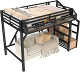 Twin XL Size Loft Bed with Stairs and Wardrobe,Heavy Duty Metal Loft Bed Frame with Shelves,LED Lights and Charging