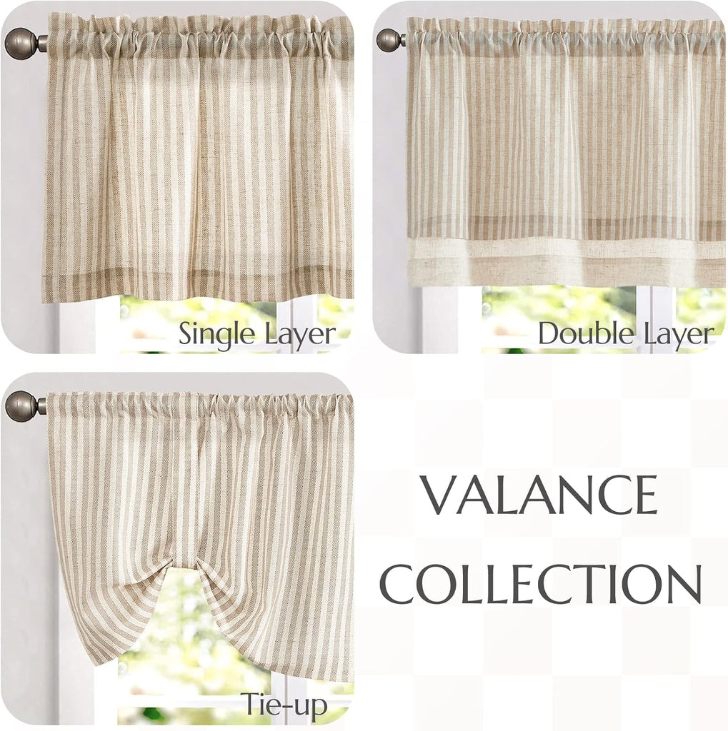 Linen Valance Curtain Striped Small Window Curtain Double Layer Light Filtering Modern Farmhouse Valance for Kitchen