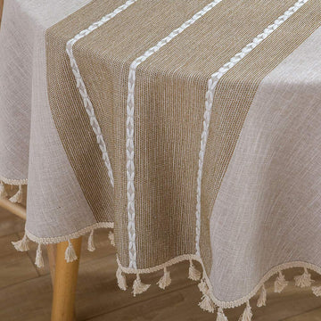 Farmhouse Tablecloth Heavy Weight Stitching Tassel Cotton Linen Dust-Proof Table Cloth Dinning Tabletop Decoration