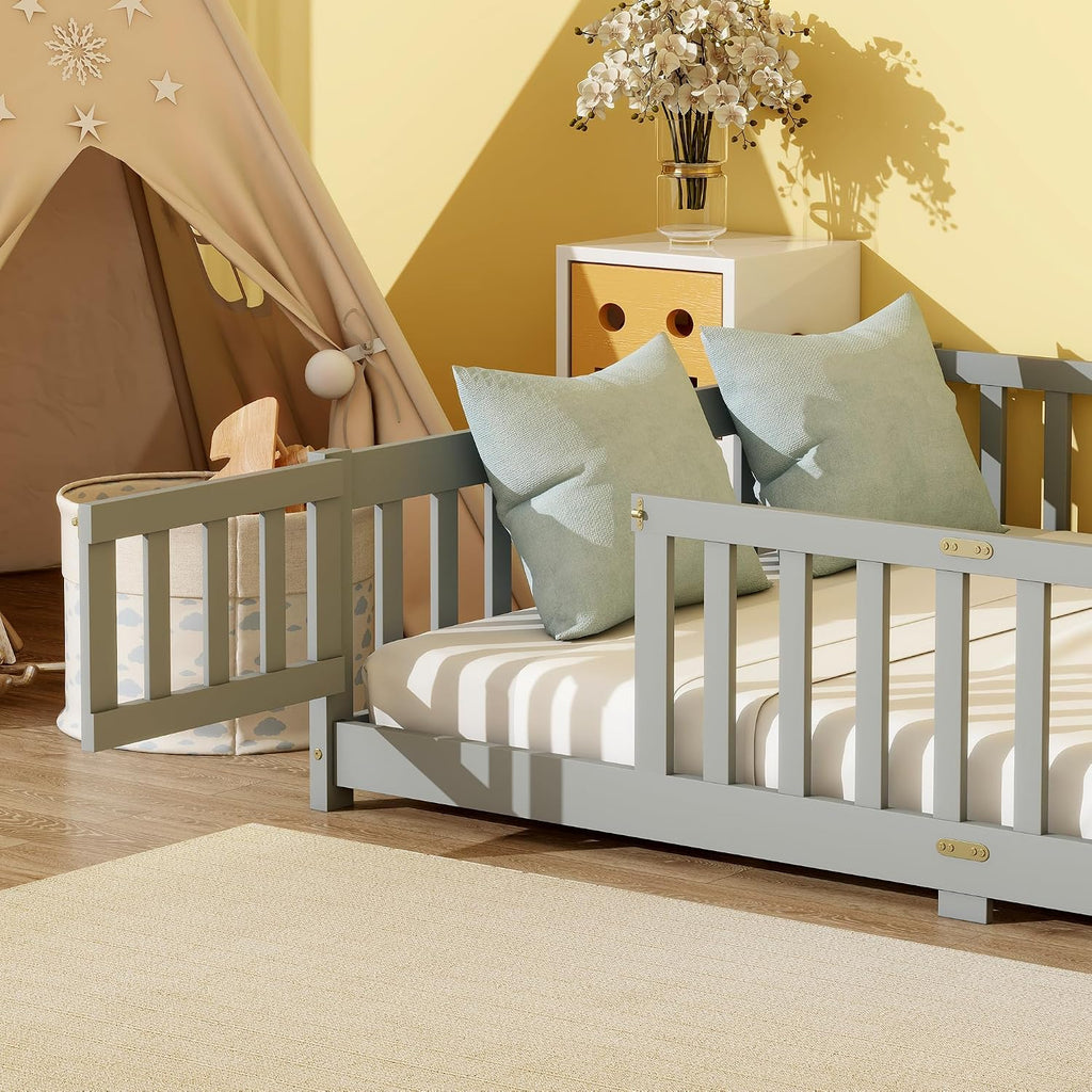 Full Size Montessori Floor Bed with Slats, Door and Guardrails, Gary | Low Profile Montessori Bed with Fence, Easy